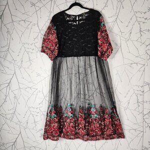 Suzanne Betro Sheer Lace Empire Waist Midi Dress